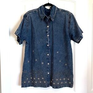 Retro embellished short sleeve denim button down top with sparkly beading, L